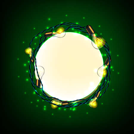 Beautiful vector circular banner in light beige color with electric bulbs garland on a dark green background. Editable illustration. Graphic design element.のイラスト素材