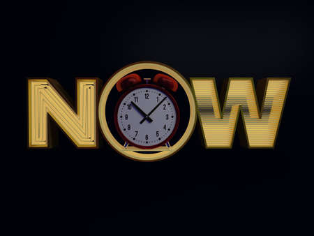 Time NOW concept on dark background. 3D renderingの写真素材