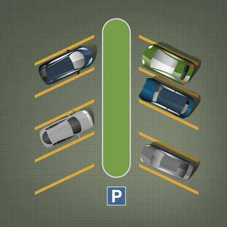 Top view car parking lots. Editable illustration in green, gray, blue and yellow colors. Automotive graphic collection.のイラスト素材