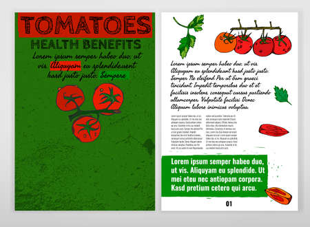 Health benefits of ripe tomatoes and tomato juice. Medicine creative leaflet in hand drawn style on a textured background. Vector illustration made in white, black, red and green colors.のイラスト素材