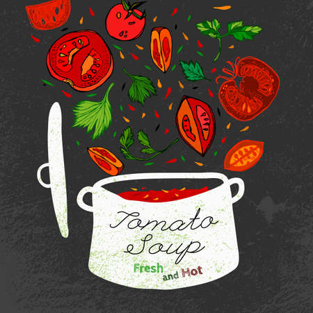 Hot tomato soup in white cooking pot with veggies falling down. Beautiful vector illustration. Hand drawn image in unique style on a blackboard textured background.のイラスト素材