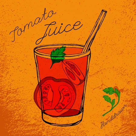 Hand drawn tomato juice image  in fresh artistic style. Beautiful vector illustration on a textured bright orange background. Tomato slices and parsley in a glass in red, black and green colors.のイラスト素材
