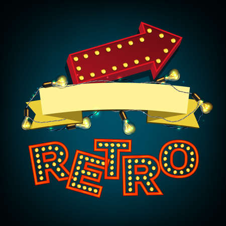 Retro illustration with lightbulbs,  and pointer.  isolated image on a dark blue background. Modern graphic designのイラスト素材