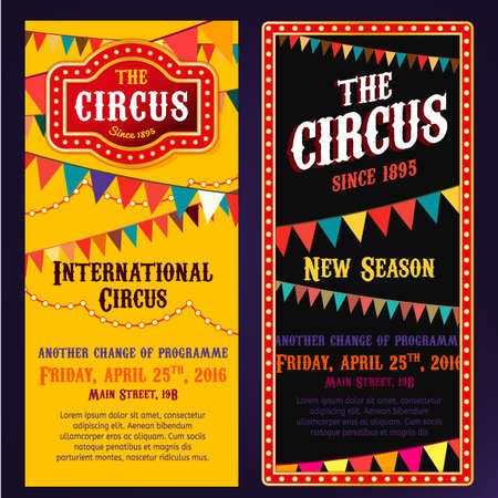 vintage circus portrait banners in bright red, yelow and black colors with illuminated elements. Editable retro illustration useful for a posterのイラスト素材