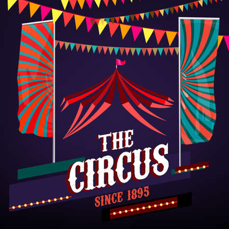 vintage circus background in bright red, violet and blue colors with illuminated elements. Editable retro illustration useful for a poster, banner, advertisement or placard graphic design