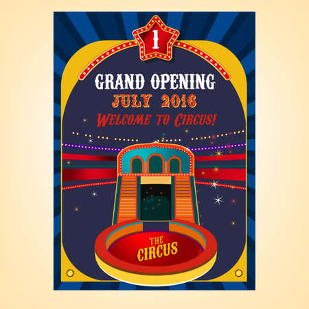 vintage circus background in bright red, yelow, violet and dark blue colors with illuminated elements.  illustration useful for a poster, banner, advertisement or placard graphic designのイラスト素材