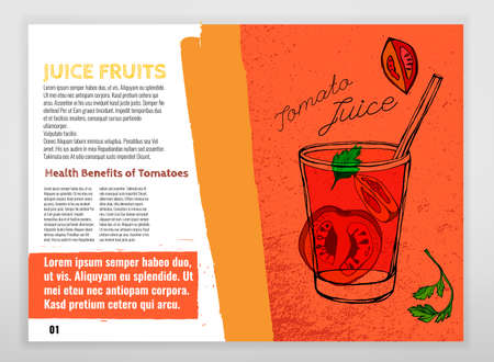 Health benefits of  tomatoes and tomato juice. Medicine creative leaflet in hand drawn style on a textured background. illustration made in orange, black, red and green colors. Landscape formatのイラスト素材