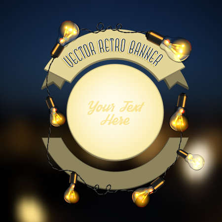 Retro illustration with light bulbs, round banners and blurred night background.のイラスト素材