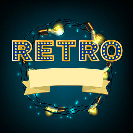 Retro illustration with light bulbs, banner and illuminated letters.のイラスト素材