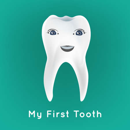 Baby preliminary tooth vector illustration. Editable image on a blue background. Tooth character with a cute smiling face. Children teeth infographic.のイラスト素材