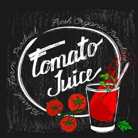 Hand drawn tomato juice image  in artistic style. Vector illustration on a textured dark gray background. Tomatoes and tomato juice in a glass in red, white, black and green colors.のイラスト素材