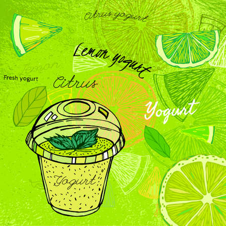 I like fruit yogurt. Beautiful hand drawn image in modern artistic style on a light textured background.のイラスト素材