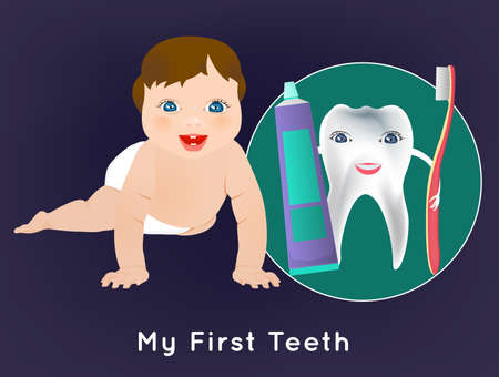 My first tooth concept with cute crawling baby and tooth character holding toothbrush and toothpaste. Medical poster in bright cartoonish style.のイラスト素材