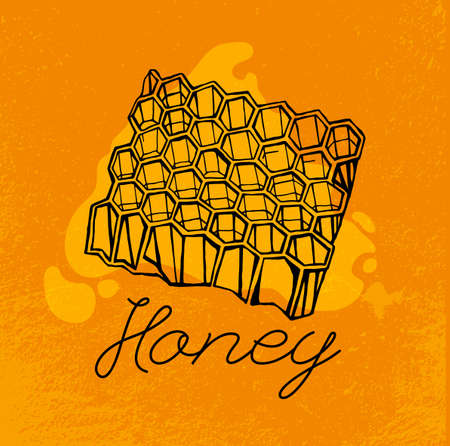 Beehive and honey.  artistic image. Editable illustration in unique style on a textured background in black, yellow and orange colors. I like honey conceptのイラスト素材