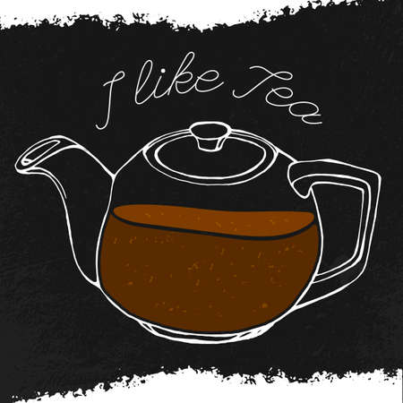 tea-pot image in artistic style. editable illustration on a textured dark gray background. White round ceramic teapot. Menu element for cafe or restaurantのイラスト素材