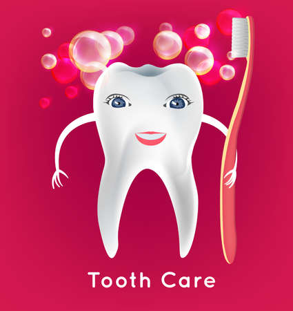 Tooth with toothbrush in childish style. Teeth hygiene concept. Dental image useful for poster, placard, leaflet and brochure design. Editable illustrationのイラスト素材