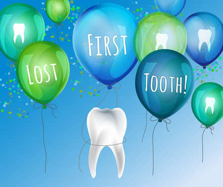 First lost tooth beautiful vector illustration  in childish style. Design Idea for a greeting card, certificate, medical poster or leaflet. Editable image in bright blue and green colours.のイラスト素材