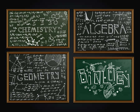 The illustration of black and green scientific backgrounds with chalk handwriting. School class blackboard. Totally vector fully scalable image with white handwritten text.のイラスト素材