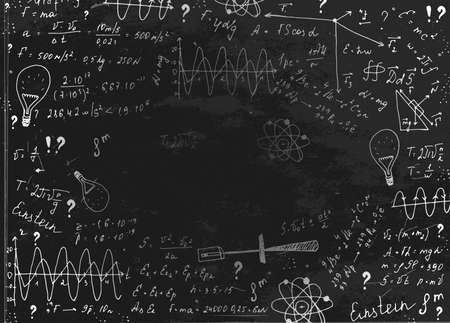 The illustration of beautiful black scientific background with chalk handwriting. Physical class blackboard. Totally vector fully scalable image with white handwritten text.のイラスト素材
