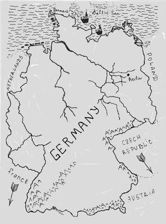 Germany hand drawn map. Editable vector illustration. Geographical concept in plain funny style on a textured light grey background. Black Ink drawing concept.のイラスト素材
