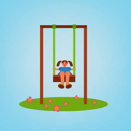 Beautiful children swing with a girl swinging. Vector illustration in bright blue, green, brown and orange colours in cartoonish style.のイラスト素材
