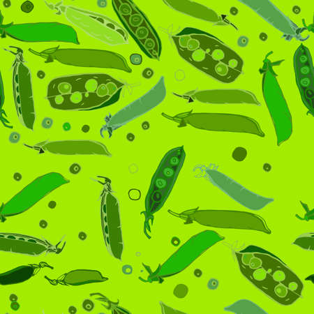 Beautiful seamless pattern in bright green colours. Vector illustration with peapods in artistic hand drawn style.のイラスト素材