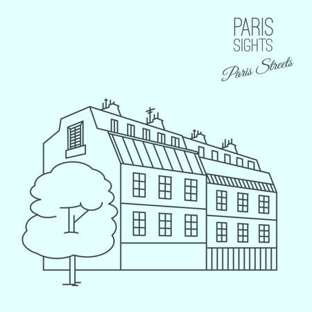 Traditional Paris house. Beautiful vector illustration in modern style isolated on a light blue background. Paris main sights collection.のイラスト素材