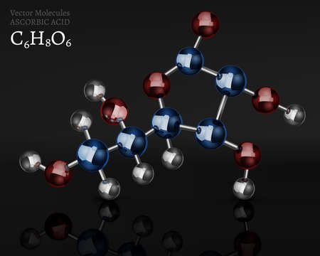 Ascorbic acid molecule, structural chemical volumetric formula. 3d vector illustration isolated on a dark grey background. Chemistry and Biotechnology concept.のイラスト素材