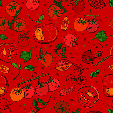 Hand drawn vegetarian seamless pattern. Vegetables and spices on a green background cucumber, tomato, parsley. Unique texture for creating wallpaper, wrapping paper, cloth design. Vector illustrationのイラスト素材