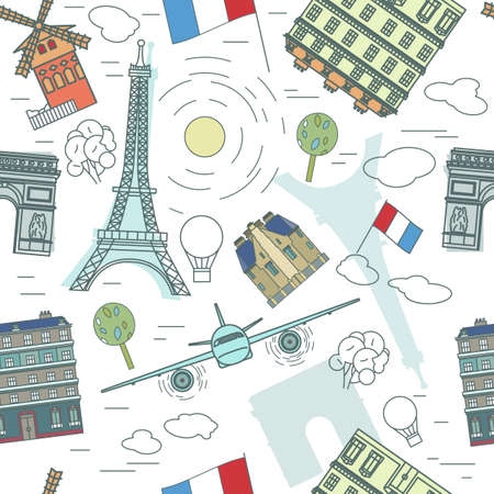 Beautiful Paris sights seamless pattern. Travel to France creative concept in pastel colours. Vector illustration. Graphic background useful for creating wrapping paper, wallpaper or fabric design.のイラスト素材