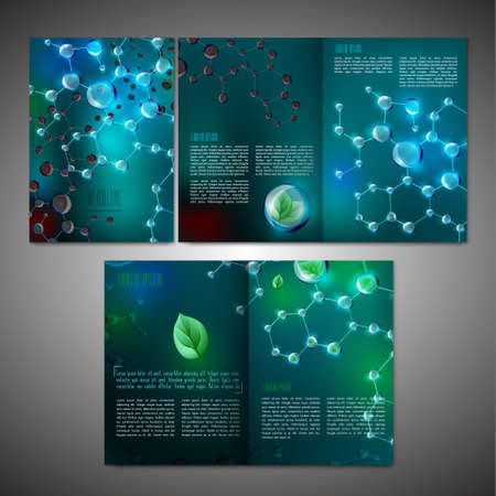 Vector molecular brochure template. Modern background with leaves and molecules for poster, print, flyer, book, booklet, brochure and leaflet. Editable illustration in blue and dark green colours.のイラスト素材