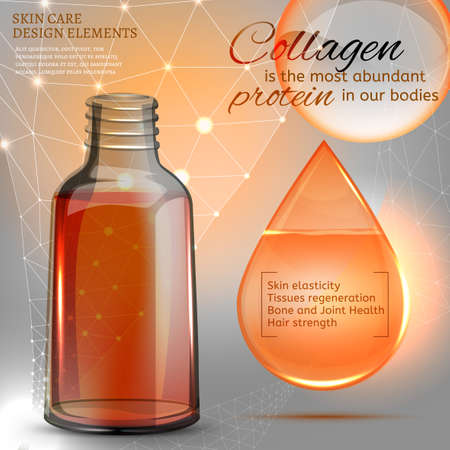 Beautiful vial with cosmetic oil. Premium shining serum droplet. Vector image. Transparent scientific concept in light grey and golden tones.のイラスト素材