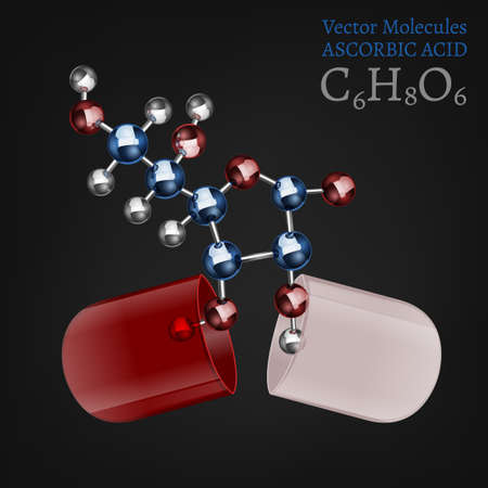 Ascorbic acid molecule, structural chemical volumetric formula in the open capsule. 3d vector illustration isolated on adark grey background. Chemistry and Biotechnology concept.のイラスト素材