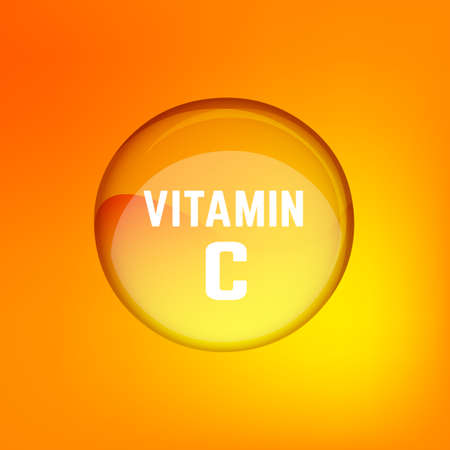 Vitamin C pill. Shining circle droplet. Vector illustration in orange and yellow colours. Medical and pharmaceutical image.のイラスト素材