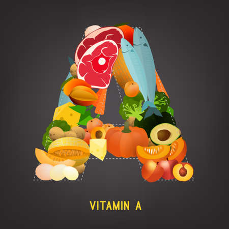 Set of healthy fruit, vegetables, meat, fish and dairy products containing vitamin A in the A letter shape. Food sources graphic information. Vector illustration in bright colors on a grey background.のイラスト素材