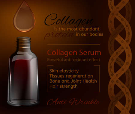 Beautiful vial with cosmetic oil. Premium shining serum droplet. Vector image. Transparent scientific concept in deep brown tones. Packaging idea.のイラスト素材