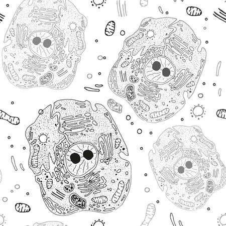 Beautiful handdrawn cell seamless pattern in dark grey and white colours. Vector biology illustration in unique artistic style. Background for creating wrapping paper, wallpaper or fabric design.のイラスト素材