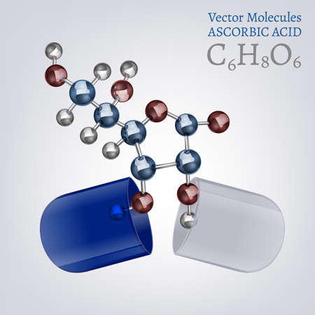Ascorbic acid molecule, structural chemical volumetric formula in the open capsule. 3d vector illustration isolated on a white background. Chemistry and Biotechnology concept.のイラスト素材