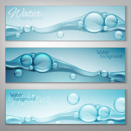 Transparent water wave image with bubbles. Vector illustration in light blue colours. Purity and freshness concept. Website abstract water background banner or header set.のイラスト素材