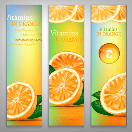 Orange health benefits banners with a fresh fruit and colourful pill on a colourful background. Beautiful vector illustration. Oranges are rich source of vitamin. Medical and pharmaceutical image.のイラスト素材
