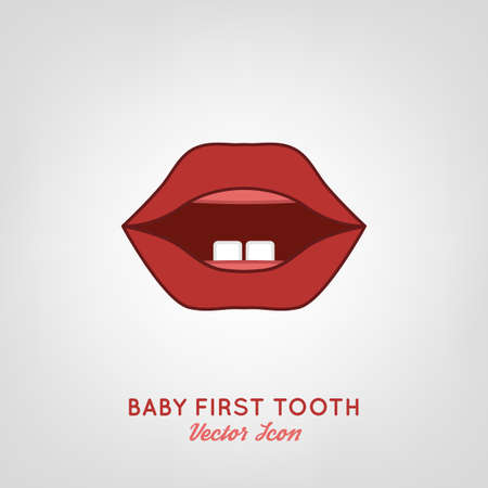Baby First Teeth. Vector illustration in pink and red colours on a light grey background. Medical and healthcare concept.のイラスト素材
