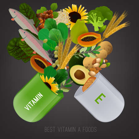 Vitamin E vector illustration. Foods containing vitamin E come apart from opened pill. Source of vitamin E - nuts, corn, vegetables, fish, oils isolated on dark grey backgroundのイラスト素材