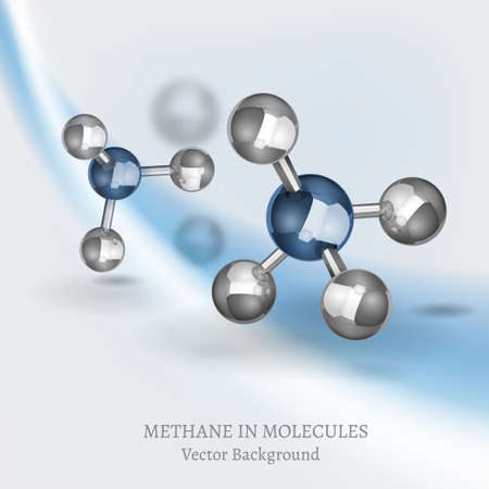 Scientific backdrop with Methane molecules in 3D style. CH4 vector illustrations isolated on a light background. Chemical, educational and popular-scientific concept.のイラスト素材