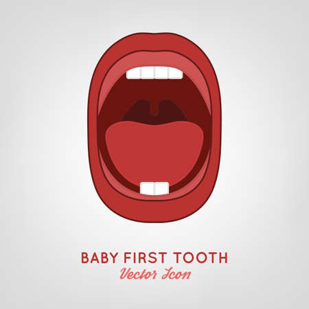 Baby First Teeth.  illustration in pink and red colours on a light grey . Medical and healthcare concept.のイラスト素材