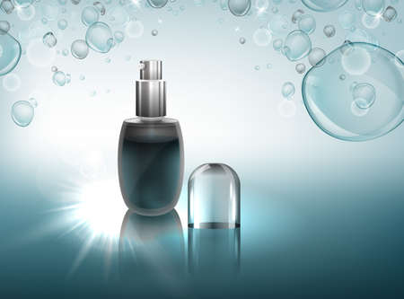 Transparent glass flacon with silver elements. Beautiful vector illustration in realistic style. Cosmetic, skin care or perfumery concept in clear light blue colours. Premium design template.のイラスト素材