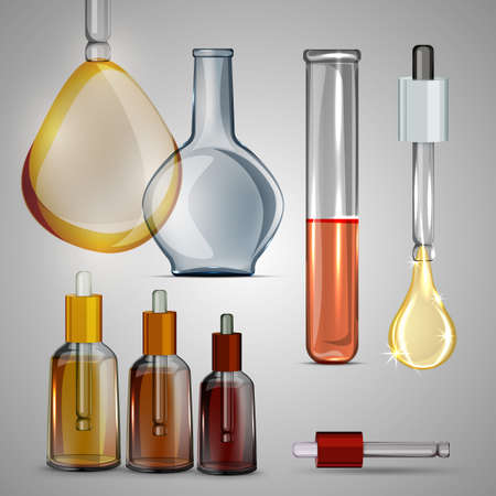 Transparent bottles, droppers, bulbs and test tube set. Beautiful vector illustration on a light grey background. Chemical, cosmetic, healthcare or pharmaceutical elements.lのイラスト素材