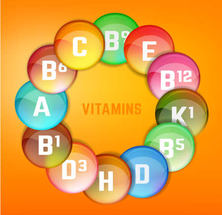 Vitamin complex. Different vitamins in pillls. Vector illustration in bright rainbow colours. Medical and pharmaceutical image.のイラスト素材