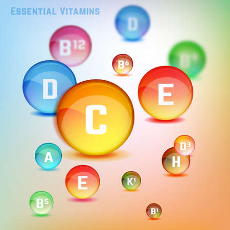 Vitamin complex. Different vitamins in pillls. Vector illustration in bright rainbow colours. Medical and pharmaceutical image.のイラスト素材