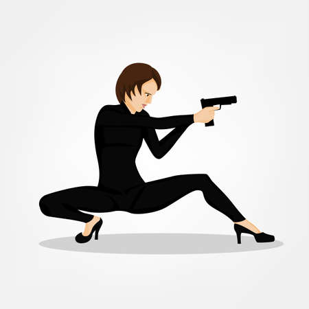 Secret service female agent in black suit shooting with revolver. Sexy woman on duty. Beautiful vector illustration in cartoonish comics style isolated on white background.のイラスト素材