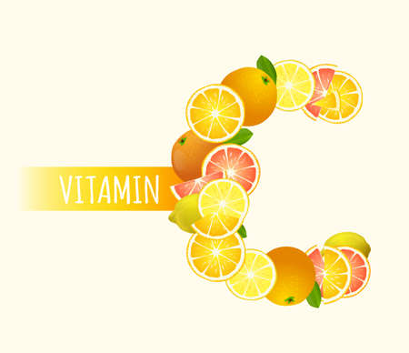 Citrus fruits - lemons, oranges and grapefruits highest in vitamin C composing C letter shapeのイラスト素材